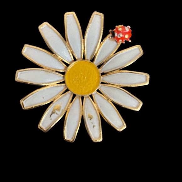 Vintage Weiss Brooch Pin Daisy Ladybug Enamel Gold Tone Brooch Mod GoGo Hippy - Picture 2 of 5